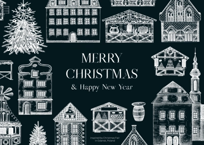 Vintage Christmas frame design. Architecture sketch on chalkboard. European fair background. Christmas market hand-drawn vector illustration. NOT AI generated